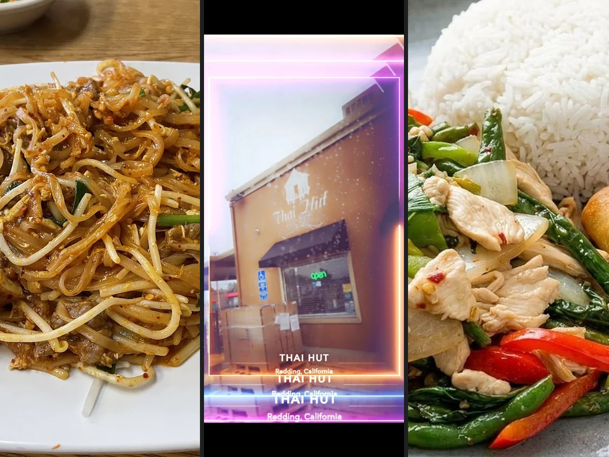 Fresh Thai entrees on white plates.