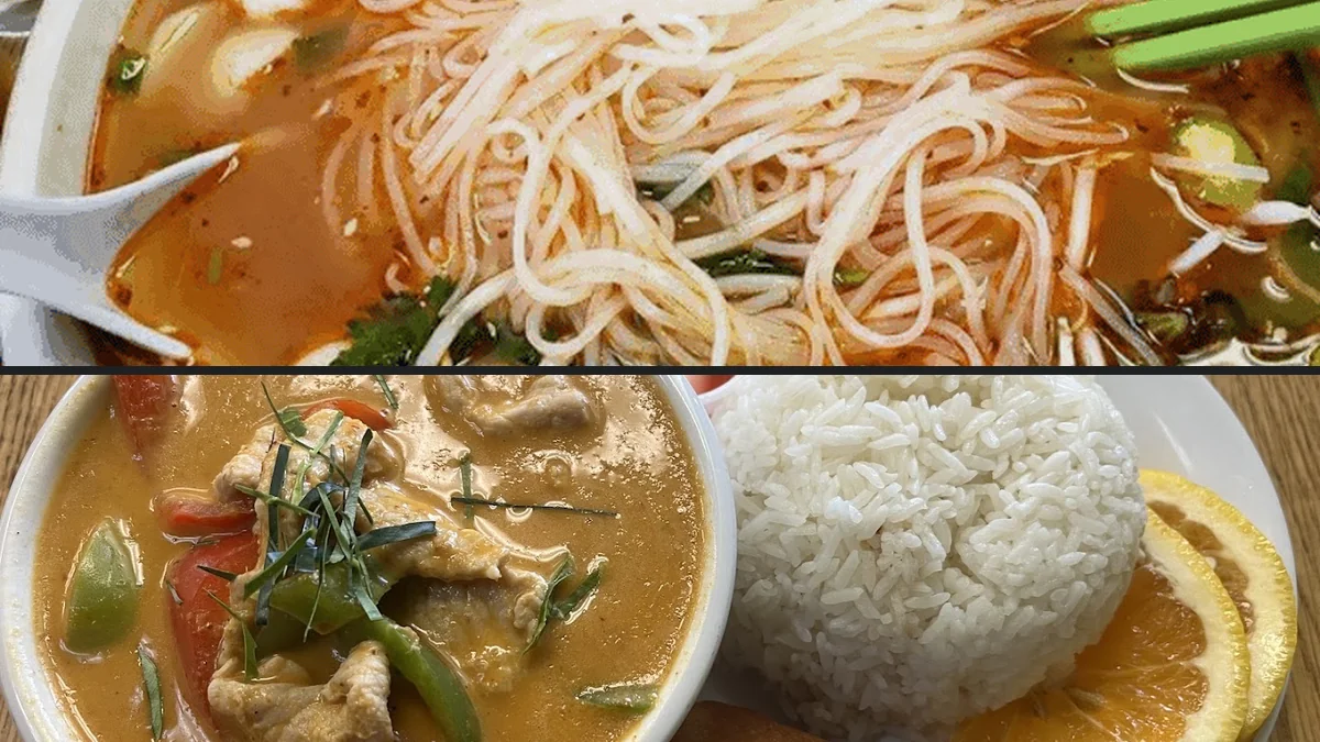 Thai dishes on a casual restaurant table.